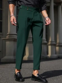 Calvornis Men's Casual Minimalist Pleated Solid Color Tapered Pants, Spring/Autumn, Fall - Dark Green - View 5
