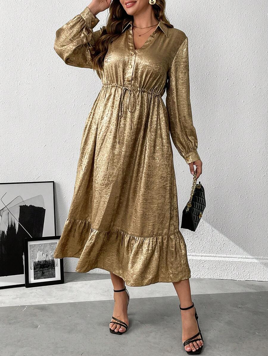 Flirla Women's V-Neck Long Sleeve Cinched Waist Drawstring Bell A-Line Patchwork Ruffles Dress, Gold Foil, Autumn/Winter - Gold - View 1