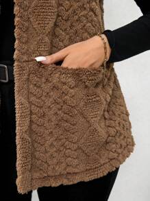 SHEIN LUNE Áo vest hở hai túi phía trước họa tiết lông mềm mại cỡ lớn dành cho nữ, thích hợp mặc vào mùa thu, quần áo mùa thu cỡ lớn - Màu be - Xem 7