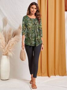 EMERY ROSE Áo thun cổ tròn tay 3/4 họa tiết Paisley thanh lịch giản dị dành cho nữ, mùa thu - xanh quân đội - Xem 6