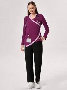 TaskEZ Colorblock Wrap Top And Pants Nursing Scrub Uniforms Set - Multicolor - View 1