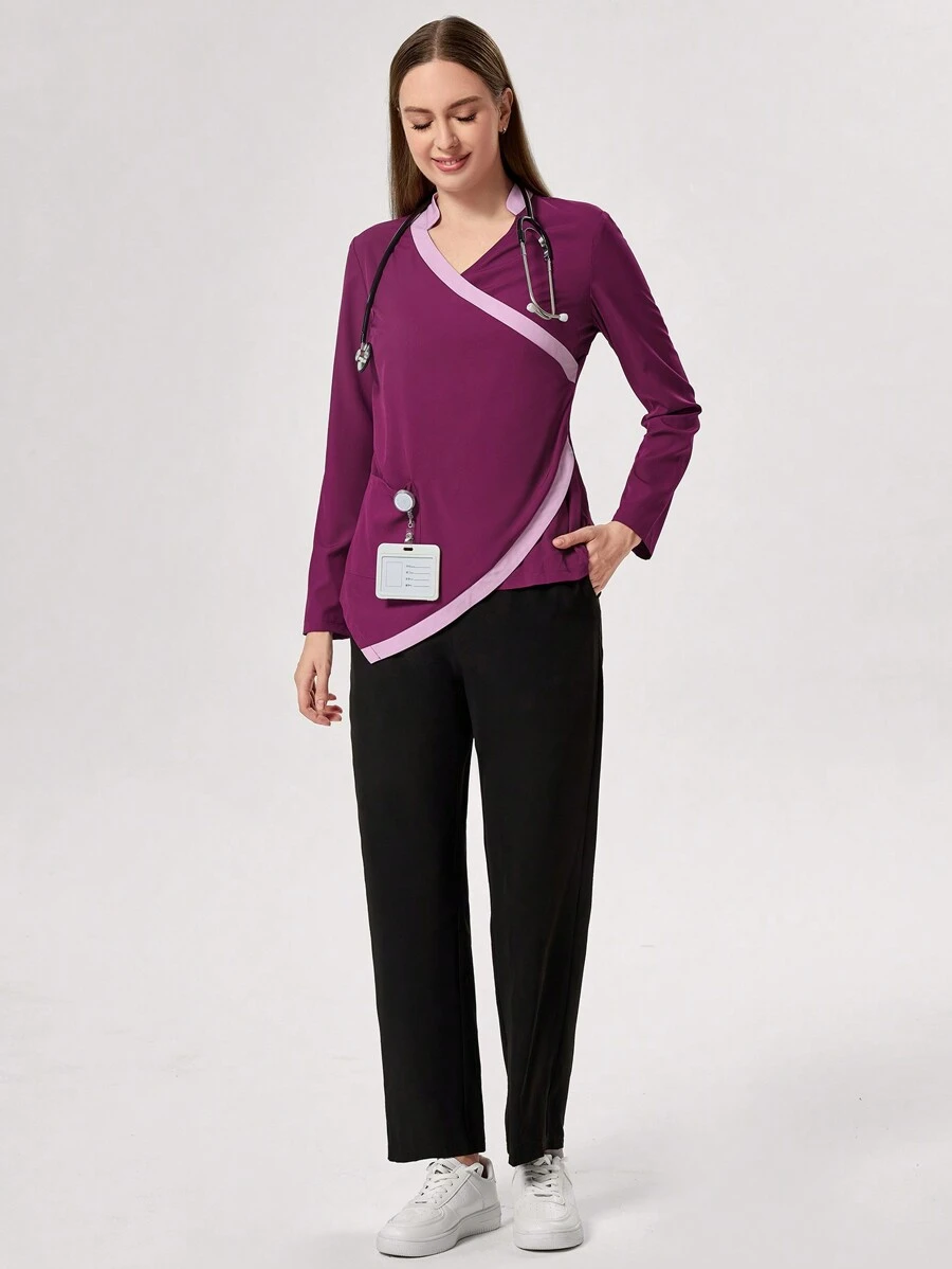 TaskEZ Colorblock Wrap Top And Pants Nursing Scrub Uniforms Set - Multicolor - View 1