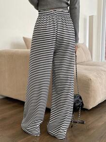 DAZY 新款秋季宽松休闲女式条纹抽绳腰阔腿裤 - 黑色 - 查看 4