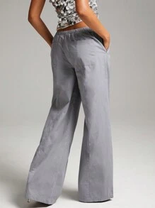 SHEIN BAE Grey Minimalist Everyday Fashion Casual Drawstring Waist Low Rise Wide Leg Lounge Pants For Women, Fall