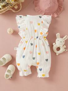 嬰兒女孩心形印花連體衣，蝴蝶結裝飾和荷葉邊設計 - 粉色 - 查看 2