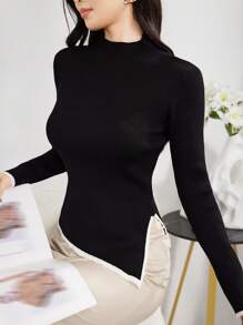 Mulvari Suéter de punto casual de mujer de manga larga con cuello alto