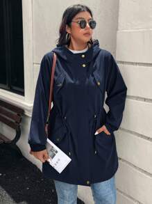 SHEIN LUNE Áo khoác dài tay có dây rút eo cỡ lớn cho nữ, áo khoác nỉ, quần áo mùa đông cho nữ, quần áo mùa đông - Màu xanh hải quân - Xem 7