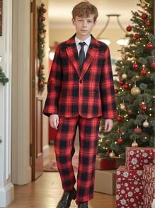 SHEIN 2 件套休闲绅士格子长袖西装外套和格子长裤，适合日常穿着、上学、旅行、婚礼、正式场合、春季和秋季 - 紅色 - 查看 1