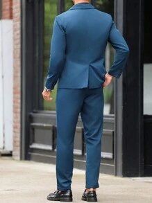 Manfinity Mode 3pcs/Set Men's Solid Color Long Sleeve Suit Jacket, V-Neck Buttoned Vest, And Suit Pants, Business Suit Set - Dark Green - View 2