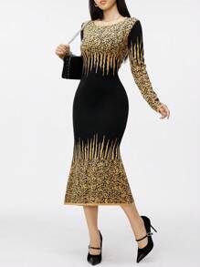 Modelyn Women Elegant Gold Trim Pattern Waisted Mermaid Hem Sweater Dress - Black - View 8