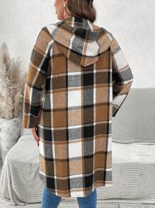 SHEIN VCAY Plus Size Women Plaid Raglan Sleeve Zipper Stand Collar Casual Hooded Coat, Autumn - Multicolor - View 2
