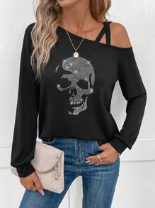 SHEIN LUNE Women's Casual Rhinestone Skull Embellished One Shoulder Long Sleeve T-Shirt, Suitable For Autumn/Winter,Casual - Black - View 2