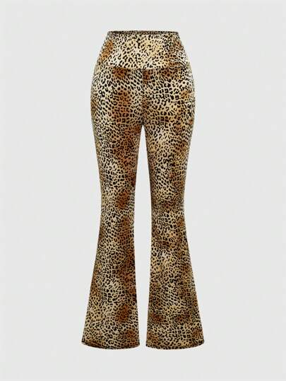 Pantalon évasé à taille haute style hippie chic à imprimé léopard pour femmes