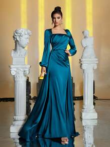 Glamrae Elegant Green Square Neck Lantern Sleeve Chest Pleated Maxi Mermaid Dress With Detachable Flounce, Formal Wear For All Occasions, Long Sleeve Prom Evening Dress, For Wedding Guest, Graduation, Dinner
