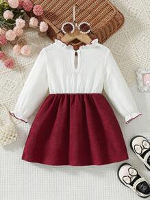 SHEIN Vintaside Kids 女婴拼色灯芯绒蝴蝶结装饰荷叶边下摆长袖连衣裙，秋季 - 酒紅色 - 查看 2