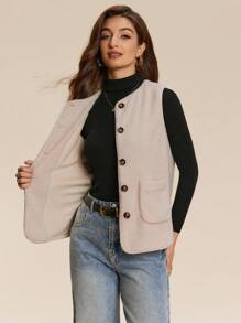 Chiquease Solid Color Front Button Sleeveless Pockets Casual Plush Faux Shearling Vest - Apricot - View 5