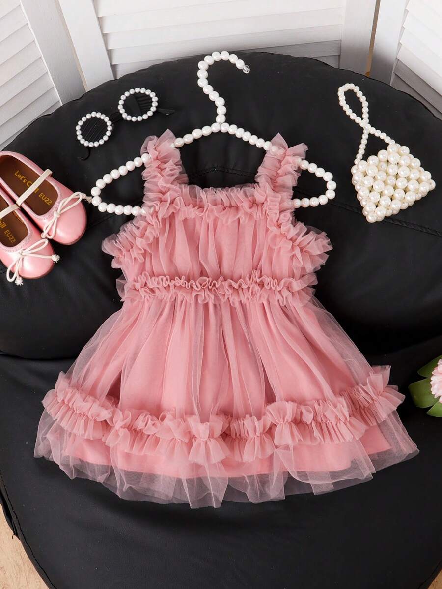 SHEIN Baby Girl Newborn Plain Color Ruffle Hem Wide Strap Casual Dress - Watermelon Pink - View 1