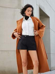 GENKIRA Abrigo largo para mujer de estilo retro y chic francés sin cuello con cinturón de hebilla de metal para otoño - Camel - Ver 4
