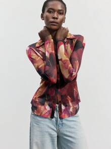 Maija 女式早春优雅扎染印花图案时尚百搭前扣长袖修身衬衫 - 玫紅色 - 查看 3