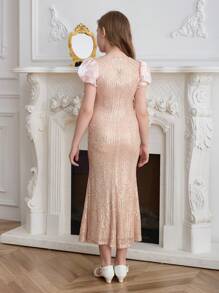 SHEIN 儿童正式花童礼服，轻便奢华专属高端钢琴演奏表演服装，适合青少年女孩，适合圣诞节 - 香檳色 - 查看 2