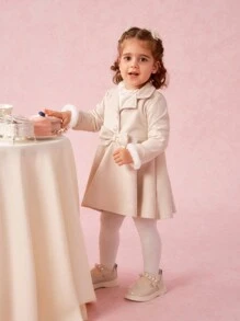 SHEIN Baby Girls' Minimalist Lapel Half-Open Cardigan With Fuzzy Trim, Long Sleeve Butterfly Decor A-Line Party Dress, Spring/Autumn - Apricot - View 4