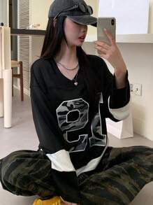 DAZY Sudadera con capucha de mujer con estampado de números en camuflaje y contraste de colores, ropa de otoño