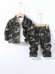 SHEIN Playful Pals Baby Boy Casual Cotton Camo Print Jacket + Tapered Jeans 2pcs Outfit Set, Comfortable Daily Wear - Army Green - View 5