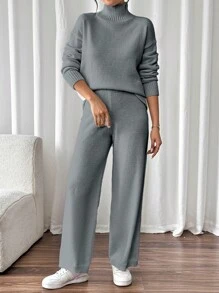 Chiquease 2 件套女士纯色高领落肩长袖休闲毛衣和针织裤套装，秋冬 - 灰色 - 查看 5