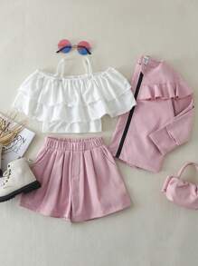 SHEIN Bộ 3 món/Bộ trang phục thời trang mới cho bé gái, Áo crop top cổ bèo nhún sang trọng thanh lịch phong cách Hàn Quốc, Áo sơ mi có dây đeo, Váy cạp cao, Áo khoác thể thao giản dị thời trang, Bộ quần áo dễ thương ngọt ngào - Hồng - Xem 1