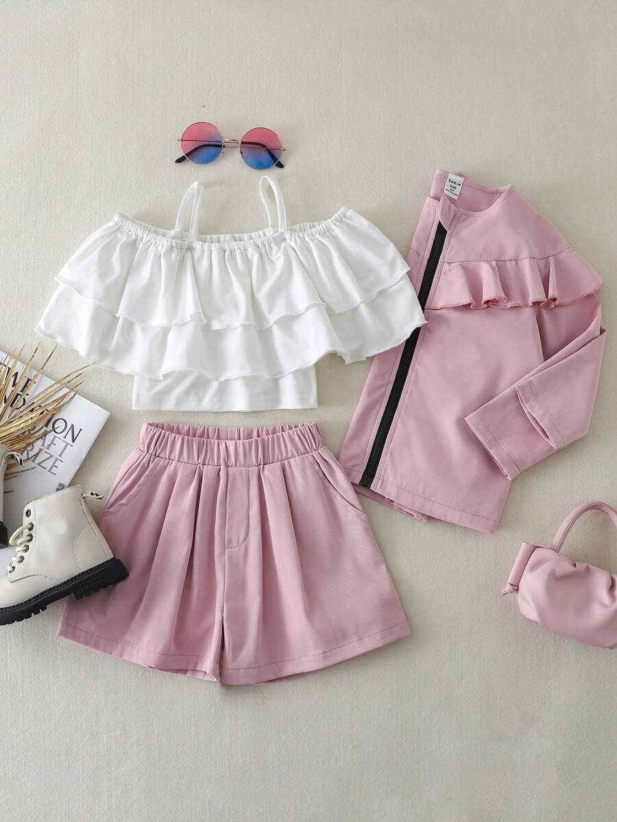 SHEIN Bộ 3 món/Bộ trang phục thời trang mới cho bé gái, Áo crop top cổ bèo nhún sang trọng thanh lịch phong cách Hàn Quốc, Áo sơ mi có dây đeo, Váy cạp cao, Áo khoác thể thao giản dị thời trang, Bộ quần áo dễ thương ngọt ngào - Hồng - Xem 1