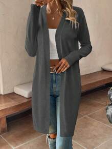 SHEIN LUNE Áo Cardigan dài tay màu trơn cho nữ, áo thường ngày tối giản để mặc hàng ngày - Màu xám đen - Xem 7