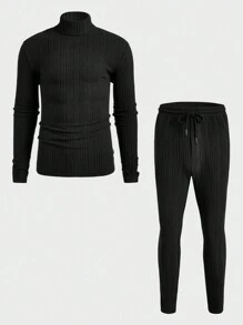 Manfinity VCAY Set de 2 piezas que incluye camiseta de manga larga ajustada de cuello redondo de punto y pantalones rectos casuales para uso diario de hombres - Negro - Ver 1