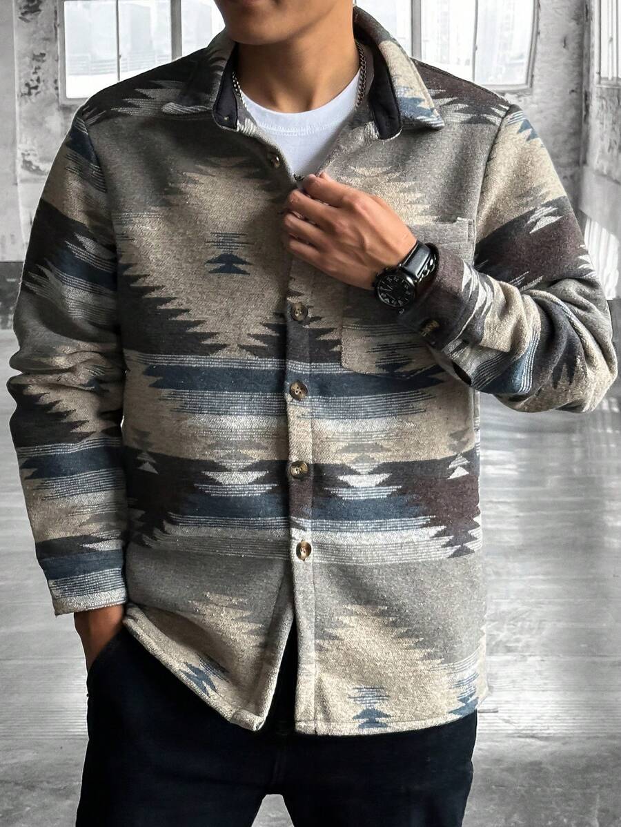 Manfinity Homme 男士几何印花长袖单排扣口袋休闲外套，男士长袖休闲衬衫，男士冬季衬衫，男士图案纽扣衬衫 - 彩色 - 查看 1