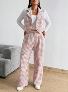 Flirla Plus Size Autumn/Winter Sleeveless Open Front Button Chunky Knit Pinkish White Contrast Color Vest And Pants Casual Work Party Date Elegant Suit Set - Pink - View 6