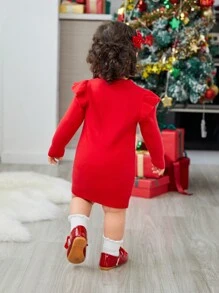 SHEIN 女婴圣诞荷叶边简约针织长袖毛衣裙，秋冬 - 紅色 - 查看 2