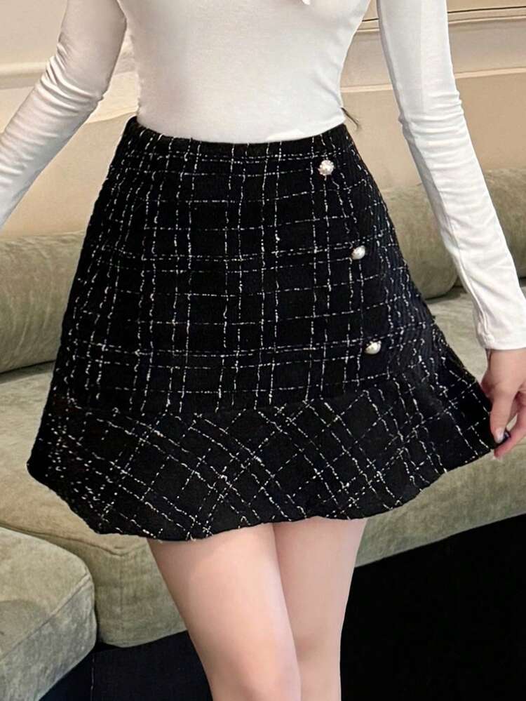 Women's Plaid Printed Button Decorated Elegant A-Line Skirt Fall,Winter