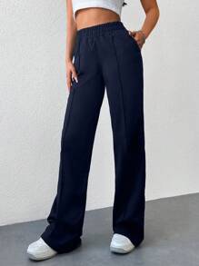 EURMUSE 100%Cotton Women's Casual Solid Color Flared Sweatpants - Navy Blue - View 4