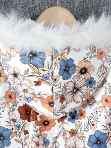 年轻女孩花卉印花长袖保暖衬里拼接毛绒连帽宽松夹克，适合日常休闲穿着、户外活动、秋冬季 - 彩色 - 查看 4