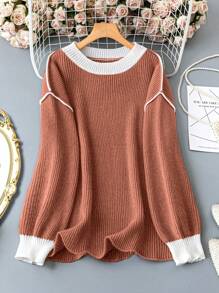 SHEIN LUNE Plus Size Autumn/Winter Casual Colorblock Raglan Loose Knit Sweater