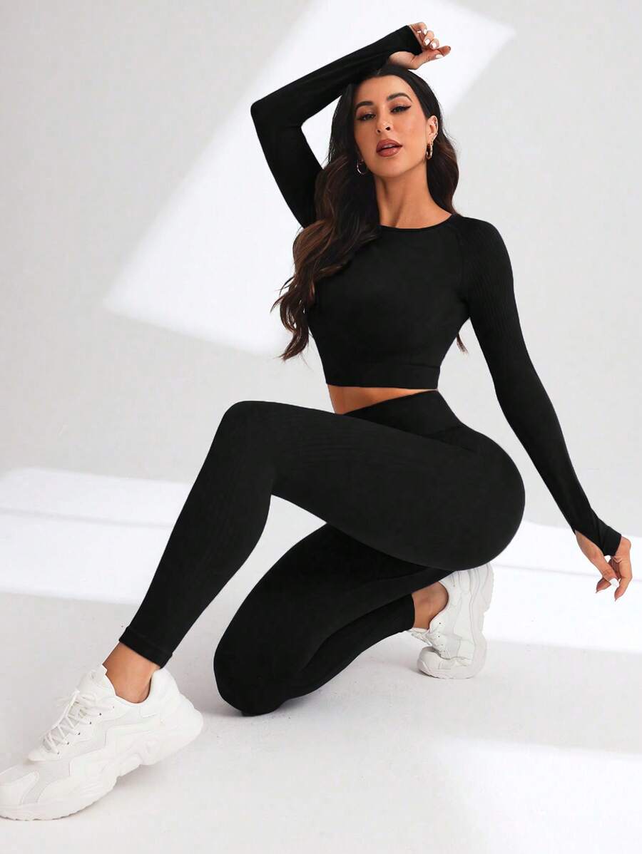 SHEIN Dewbera Bộ đồ tập thể thao nữ, quần legging nữ, cổ tròn dài tay, màu trơn, giản dị, đơn giản - màu đen - Xem 1