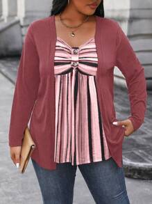 EMERY ROSE 大码纯色鸡心领拼接长袖前扣休闲 T 恤图案 T 恤女式上衣适合春季服装 - 彩色 - 查看 5