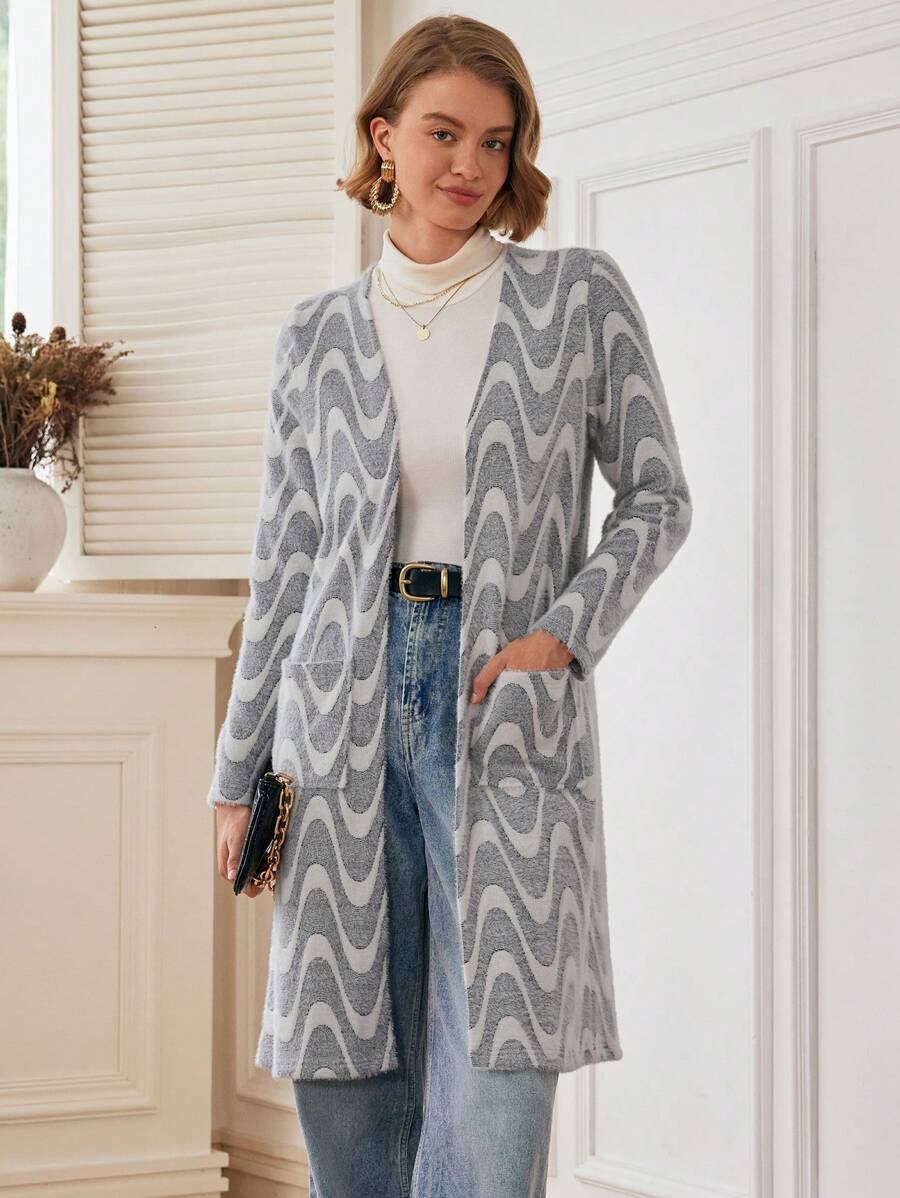 SHEIN Unity 1pc Women Casual Wave Patterned Thin Fleece Cardigan Jacket Fall Cloth For Women - Grey - View 1