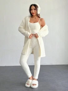 SHEIN PETITE Conjunto de chaleco de punto con mangas largas de hombros caídos y pantalones para mujer