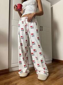 SHEIN EZwear 女士字母与心形印花抽绳腰直筒宽松休闲裤 - 白色 - 查看 4