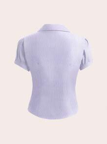 Sweetra V 领褶皱锁孔前短袖衬衫，时尚百搭，适合办公室穿着 - 淡紫色 - 查看 2