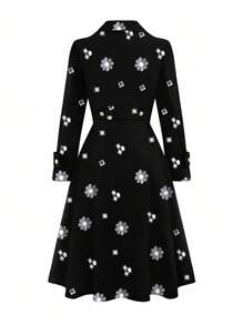 SHEIN Clasi 大码女式花卉图案长袖翻领优雅针织外套，秋冬 - 黑色 - 查看 2