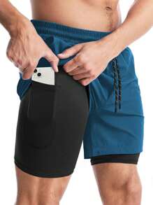 Manfinity Fitness Boyfriend Style Men's Contrast Color Patchwork Drawstring Waist Sports Shorts