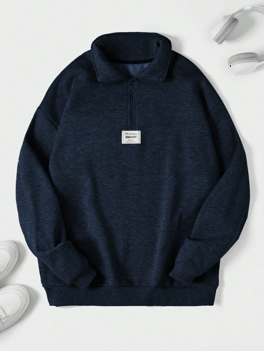 EURMUSE Cotton Men Letter Patched Quarter Zip Sweatshirt - Navy Blue - View 1