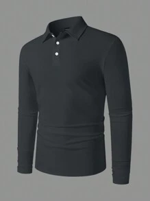 Manfinity Homme Men's Casual Everyday Button-Front Half-Placket Long Sleeve Polo Shirt, Autumn, For Fall - Dark Grey - View 3
