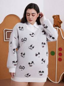 We Bare Bears X SHEIN Áo len dệt kim cổ tròn tay dài họa tiết mặt gấu trắng dễ thương cỡ lớn, mùa thu/đông - trắng - Xem 1